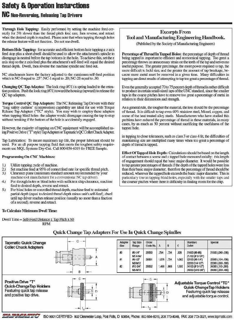 Tapmatic NC-0, NC-1, NC-3S Tapping Head Manufacturer Info. - Page 1