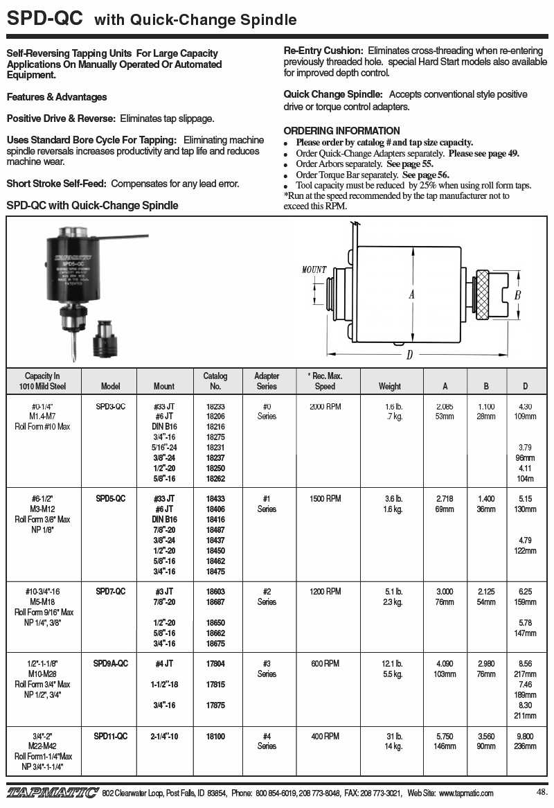 Tapmatic SPD3-QC, SPD5-QC, SPD7-QC, SPD9A-QC, SPD11-QC Tapping Head Manufacturer Info.
