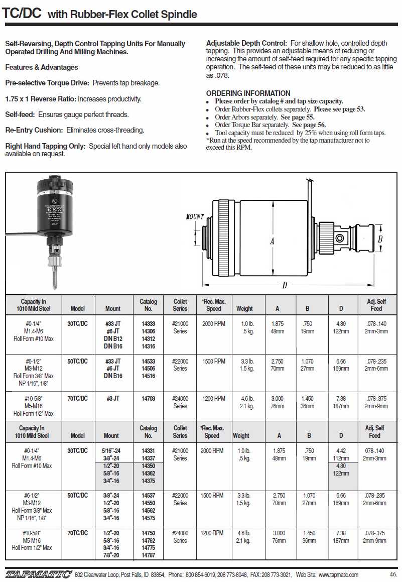 Tapmatic TC-DC 30, 50, 70 Manufacturer Info.