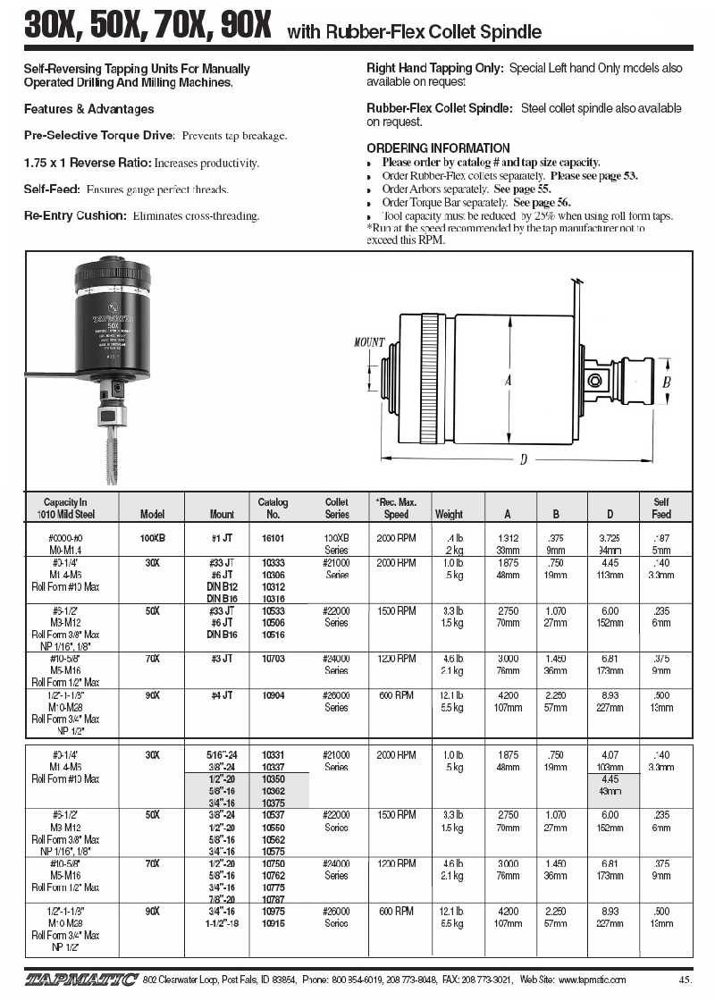 Tapmatic 30X, 50X, 70X, 90X Tapping Head Manufacturer Info.